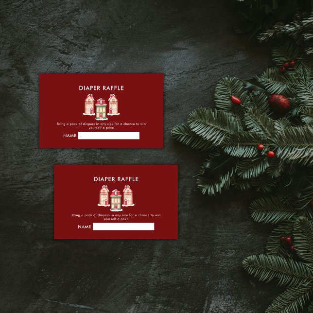 Cartão De Informações Red Gingerbread Village Diaper Raffle Baby Shower  (Red Gingerbread Village Diaper Raffle Baby Shower Enclosure Card)