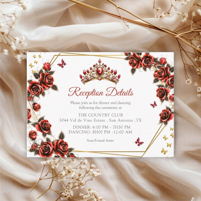 Cartão De Informações Red Golden Tiara Roses Butterflies Quinceañera (Criador carregado)