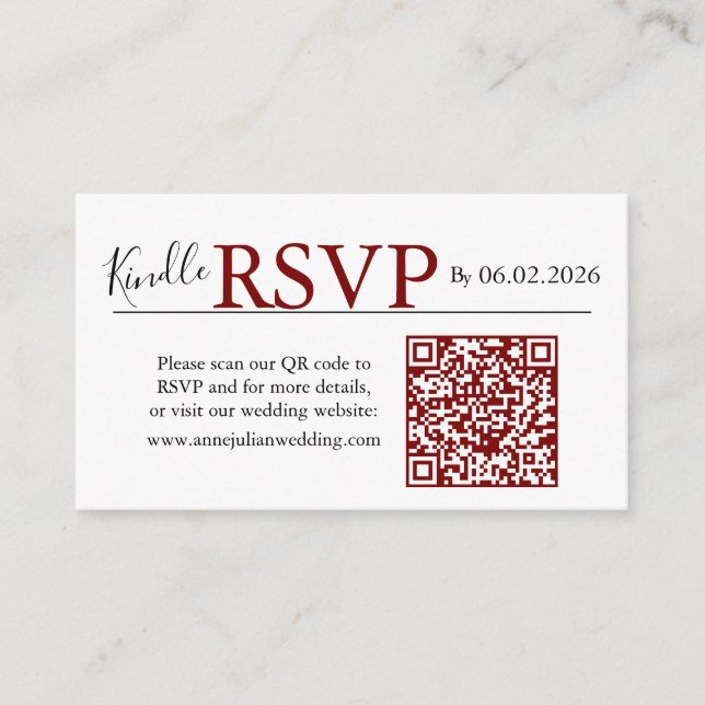 Cartão De Informações Red landscape RSVP QR Code Card  Modern Wedding (Frente)