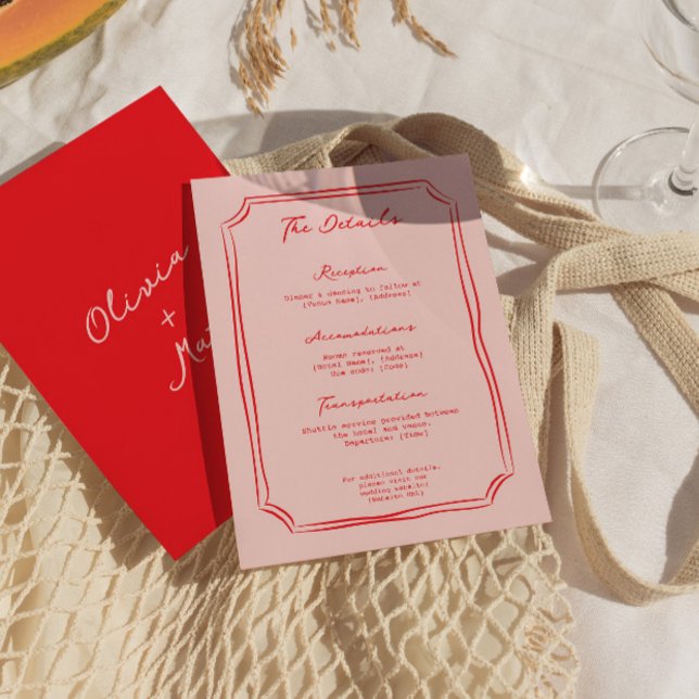 Cartão De Informações Red + Pink Wedding Details Enclosure Card (red pink wedding, wedding details card, enclosure card, colorful wedding card, modern wedding detail)