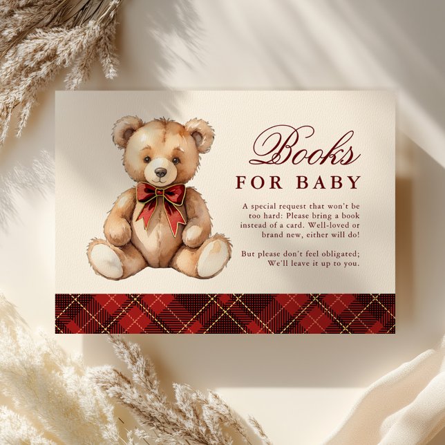 Cartão De Informações Red Plaid Bear Baby Shower Books For Baby (Criador carregado)