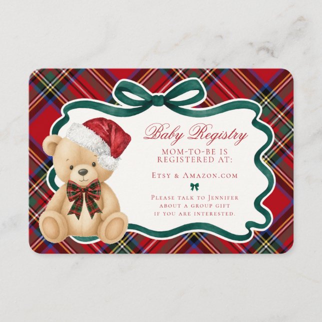 Cartão De Informações Red Tartan Plaid Christmas Bear Baby Registry (Frente)