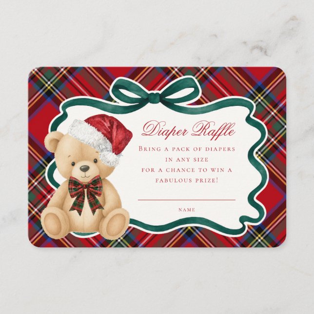 Cartão De Informações Red Tartan Plaid Christmas Bear Diaper Raffle (Frente)