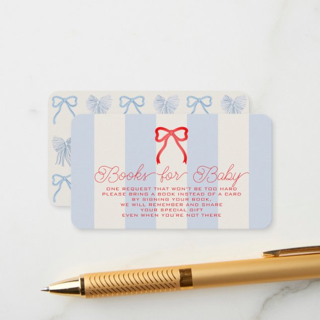 Cartão De Informações Red White & Due Bow Blue Stripes Baby Book Request (Frente/Verso In Situ)