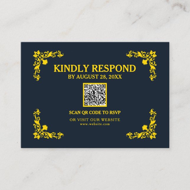 Cartão De Informações Regal Contrast Midnight Blue & Gold QR RSVP Card (Frente)