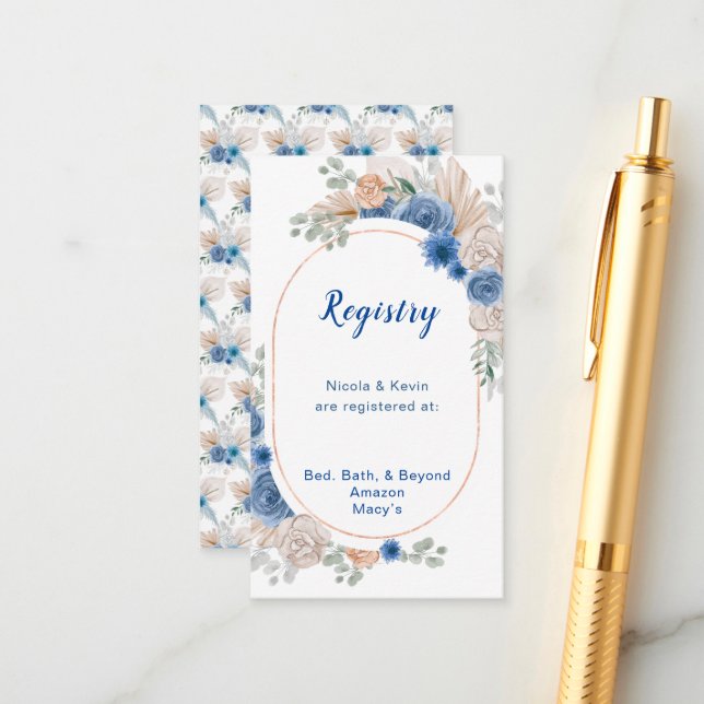 Cartão De Informações Registro de Casamento Boho Blue Pampas Grass (Frente/Verso In Situ)