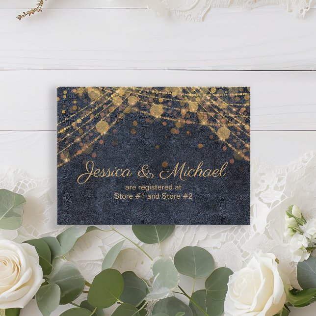 Cartão De Informações Registro de Casamento Dourado Azul do Marinho Glam (Rustic chic navy blue and gold string lights wedding registry enclosure card)