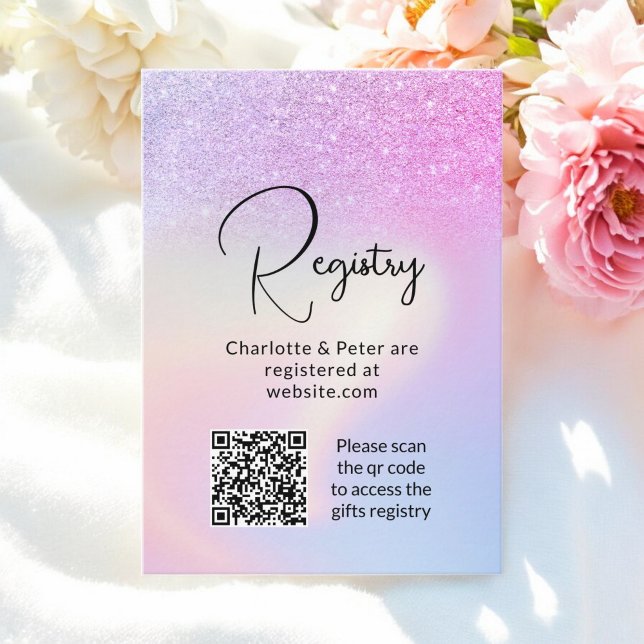Cartão De Informações Registro de casamento holográfico brilhante rosa r (Pink Purple Glitter Holographic bridal registry qr Enclosure Card)