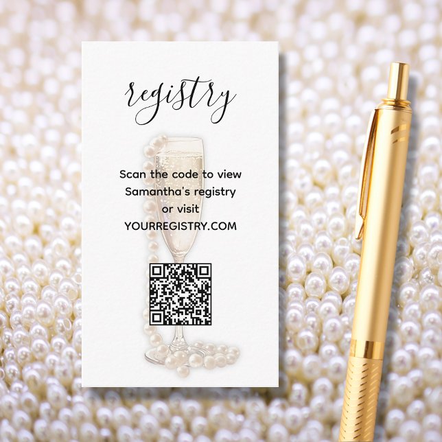 Cartão De Informações Registro de Chás de panela Pérolas e Prosecco (Pearls & Prosecco Bridal Shower Registry QR Code Enclosure Cards)