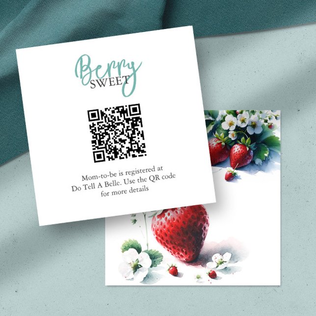 Cartão De Informações Registro de Morango (baby shower registry QR code watercolor strawberries Do Tell A Belle)
