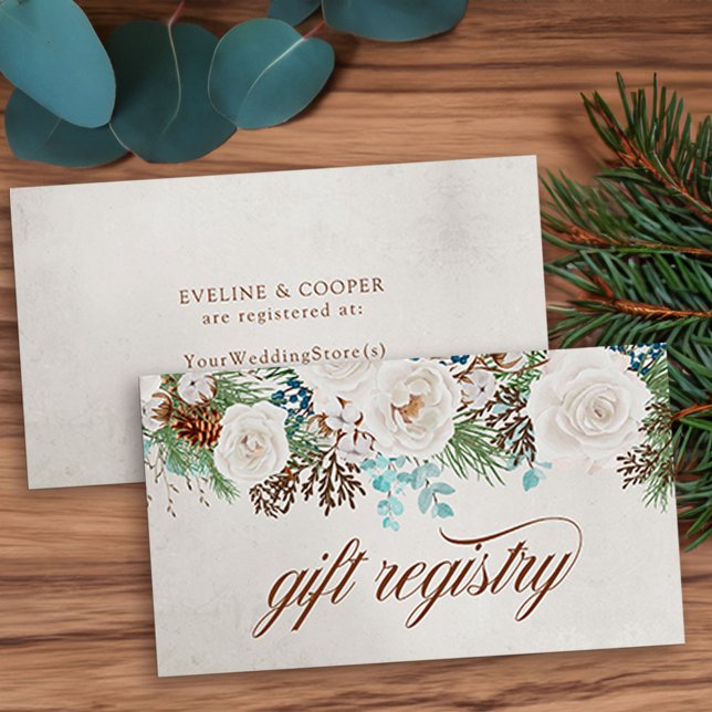 Cartão De Informações Registro de Ofertas de Casamentos no inverno de Ro (Winter Wedding enclosure card for gift registry with elegant calligraphy, white roses and pine)