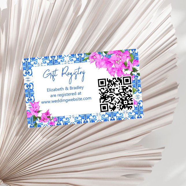 Cartão De Informações Registro de presentes Bougainvillea qr de Azulejos (Blue Tiles Bougainvillea Mediterranean themed bridal shower qr gift registry Enclosure Card)