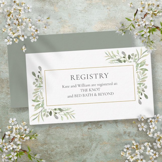 Cartão De Informações Registro de Presentes de Chá de Noiva com Folhagen (Watercolor Greenery Wedding Shower Gift Registry Enclosure Card)