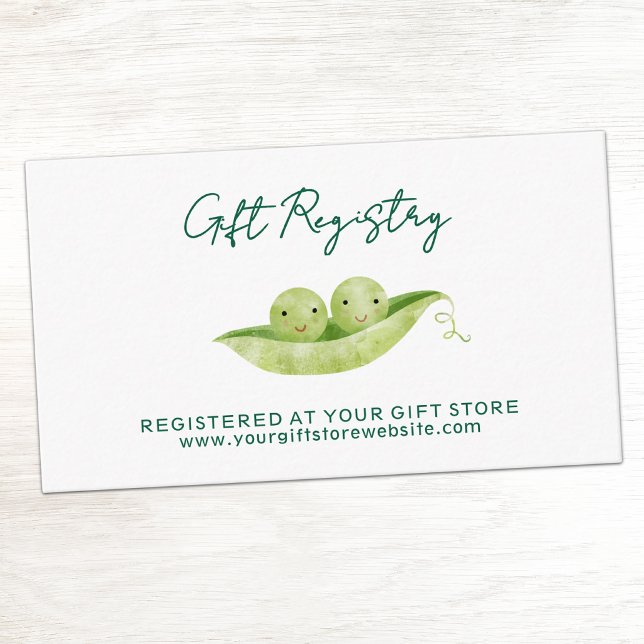 Cartão De Informações Registro de Presentes para Chás de Bebê Gêmeos Two (Two peas in a pod twin baby shower gift registry enclosure card)