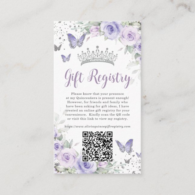 Cartão De Informações Registro de Presentes Quinceanera Floral Lavanda R (Frente)