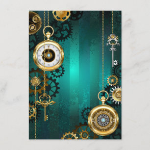 Cartão De Informações Relógio de Joia Steampunk em um Fundo Verde