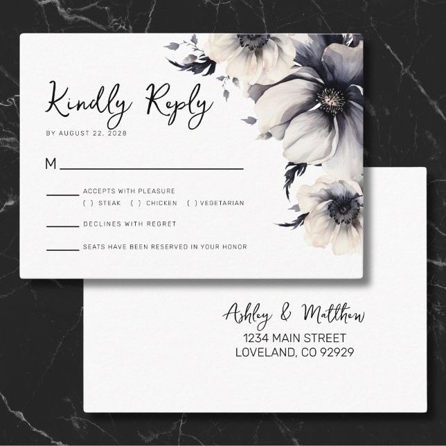 Cartão De Informações Responder ao Casamento Floral Branco Preto RSVP (Cute Elegant Floral Reply RSVP Black White Wedding Enclosure Card)