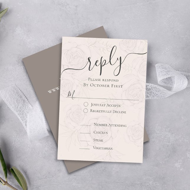Cartão De Informações Resposta Clássica de Casamento Floral Blush (Classic Wedding RSVP card with traditional guest meal option response.)