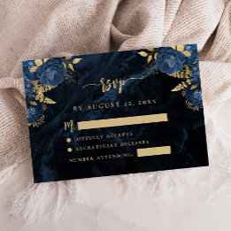 Cartão De Informações Resposta de Casamento em Azul Naval Floral com Let