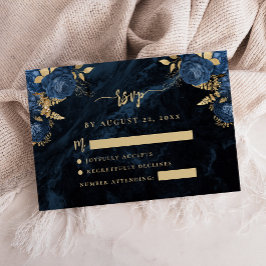 Cartão De Informações Resposta de Casamento em Azul Naval Floral com Let