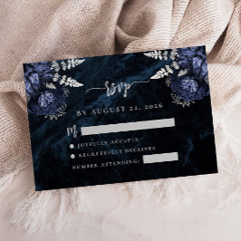 Cartão De Informações Resposta de Casamento Floral Azul Marinho em Prata