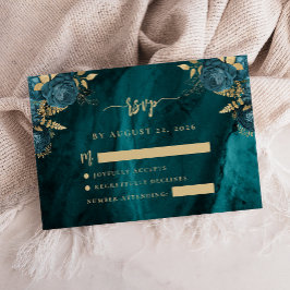 Cartão De Informações Resposta de Casamento Floral Azul Teal Ágata Doura