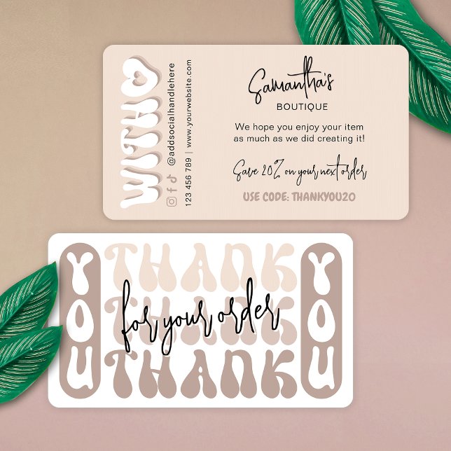 Cartão De Informações Retro Beige Modern Business Obrigado Desconto (Trendy retro beige business thank you package inserts with groovy fonts and custom thank you message)