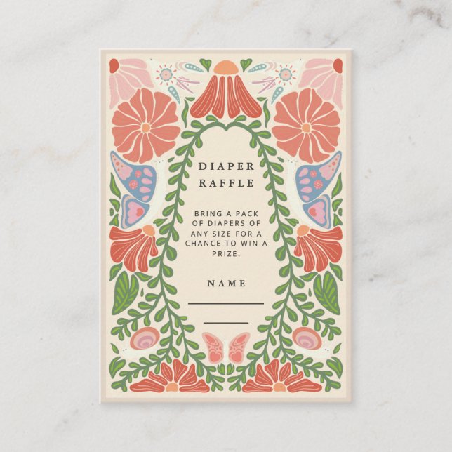 Cartão De Informações Retro Flower Diaper Raffle Baby Shower Enclosure (Frente)