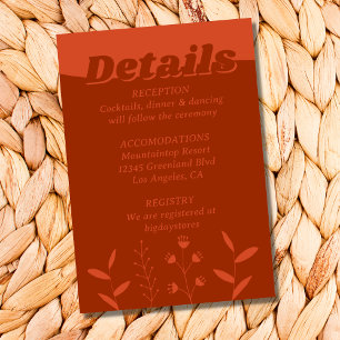 Cartão De Informações Retro Groovy Wildflower Terracotta Orange Wedding