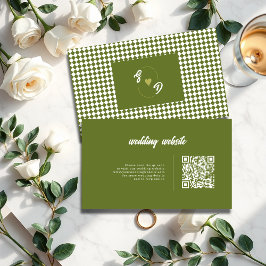 Cartão De Informações Retro Olive green QR code Checkered Wedding