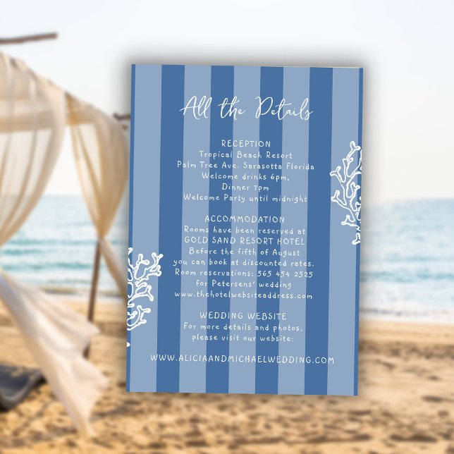 Cartão De Informações Retro whimsical striped beach wedding details  (Criador carregado)