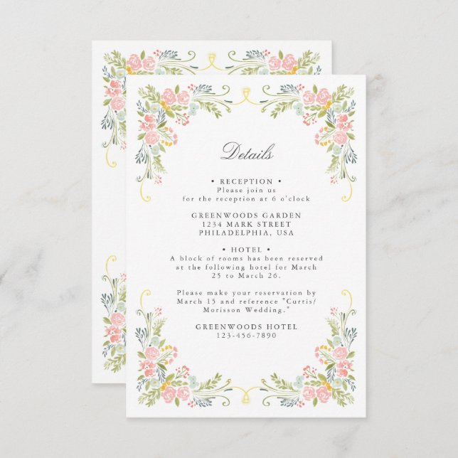 Cartão De Informações Rococo Garden Ornate Floral Wedding QR Details (Frente/Verso)