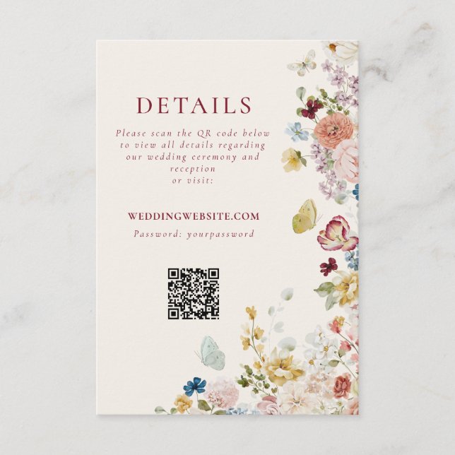 Cartão De Informações Romantic Butterfly Floral Border Wedding QR Code (Frente)