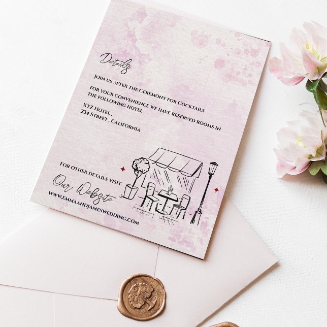Cartão De Informações Romantic Café Sketch Blush Wedding Details (Romantic Café Sketch Blush Wedding Details Enclosure Card)
