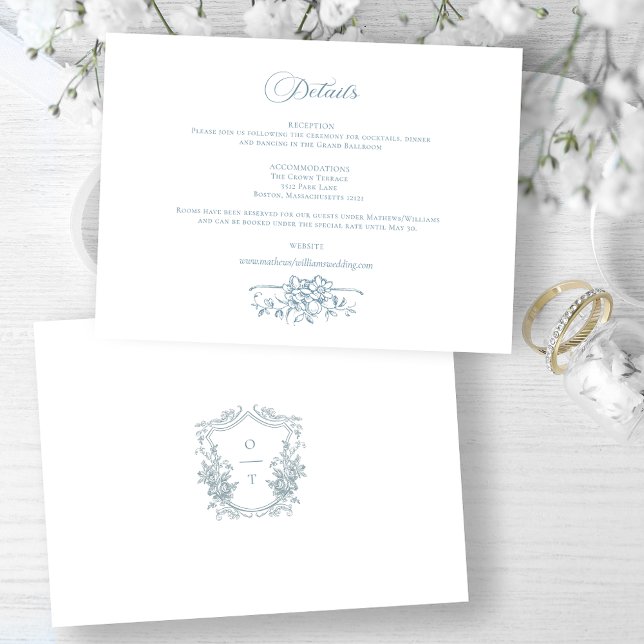 Cartão De Informações Romantic Dusty Blue Line Art Floral Wedding (Criador carregado)