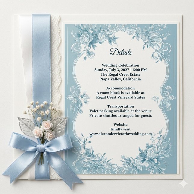 Cartão De Informações Romantic French Toile Blue Florals Wedding Details (Romantic French Toile Blue Florals Wedding Details Enclosure Card)