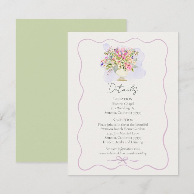 Cartão De Informações Romantic Garden Green Floral Wedding  (Frente/Verso)