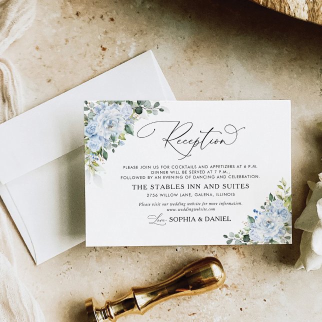 Cartão De Informações Romantic Light Blue Floral Wedding Reception Card (Criador carregado)