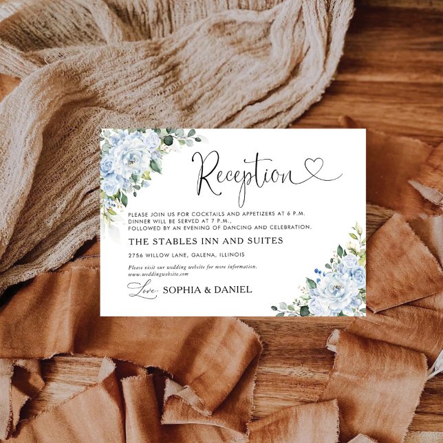 Cartão De Informações Romantic Light Blue Floral Wedding Reception Card (Criador carregado)