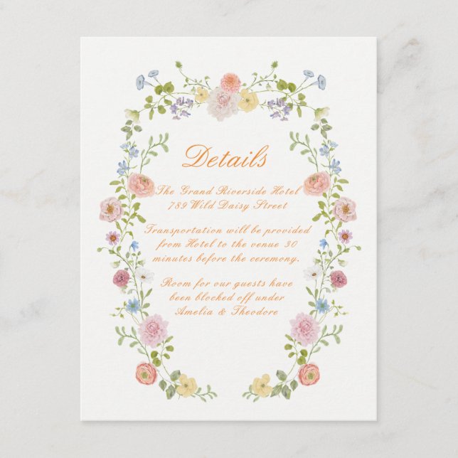 Cartão De Informações Romantic Pastel Floral Wedding Details Card (Frente)