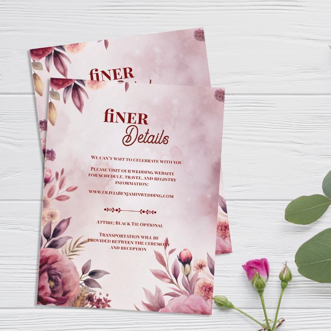 Cartão De Informações Romantic Pink Blush Floral Wedding Finer Details (Blush Floral Wedding Finer Details Card | Romantic Pink Botanical Enclosure)