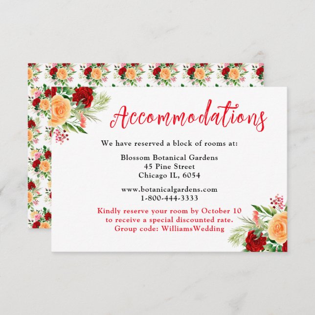 Cartão De Informações Romantic Roses Floral Wedding Accommodations (Frente/Verso)