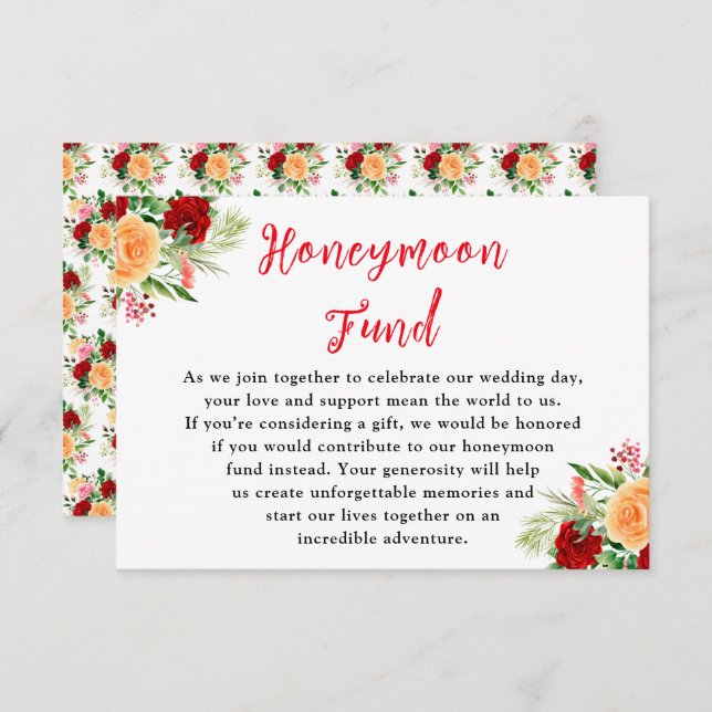 Cartão De Informações Romantic Roses Floral Wedding Honeymoon Fund (Frente/Verso)