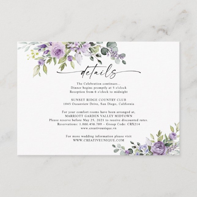 Cartão De Informações Romantic Violet Flowers Wedding Details Card (Frente)