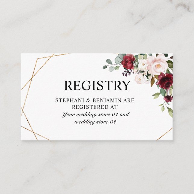 Cartão De Informações Romântica Aquarela Borgonha Geométrica Floral (Frente)