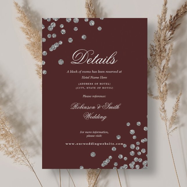 Cartão De Informações Romântica Prata Confetti Detalhes do Casamento Bor (Romantic Silver Confetti Wedding Details Burgundy Enclosure Card)