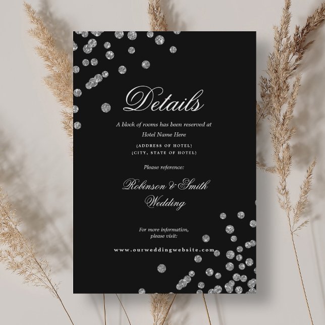 Cartão De Informações Romântica Prata Confetti Detalhes do Casamento Neg (Romantic Silver Confetti Wedding Details Black Enclosure Card)