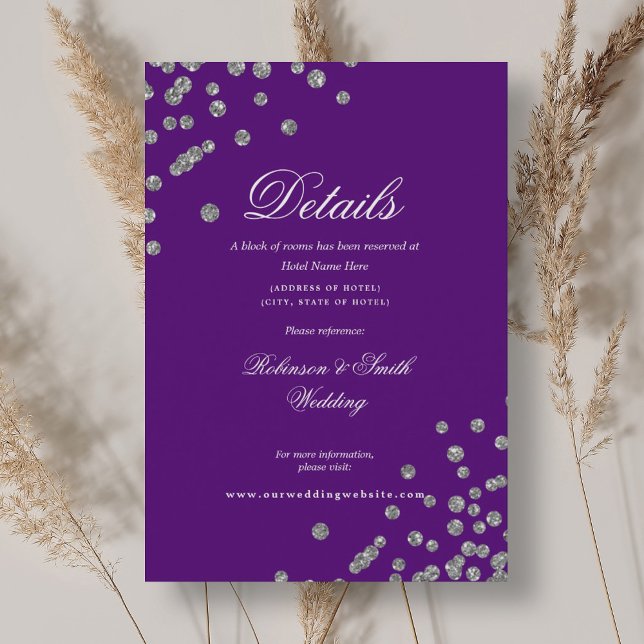 Cartão De Informações Romântica Prata Confetti Detalhes do Casamento Rox (Romantic Silver Confetti Wedding Details Purple Enclosure Card)