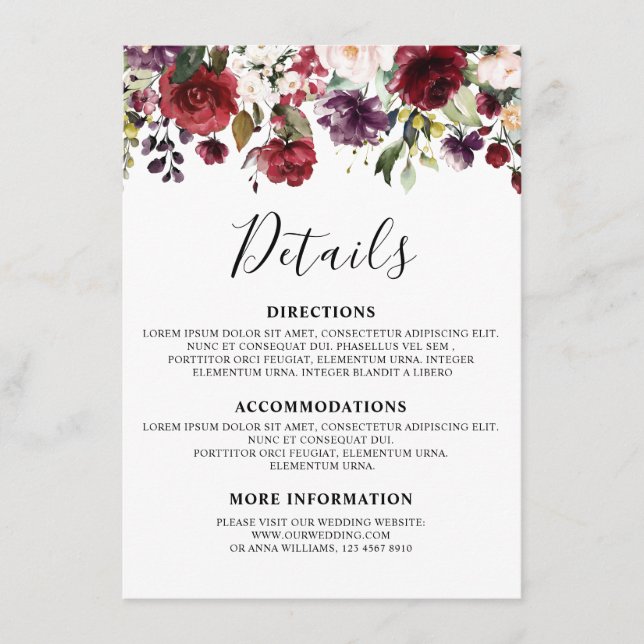 Cartão De Informações Romântico Aquarela Rosa Floral Vermelho Borgonha (Frente)