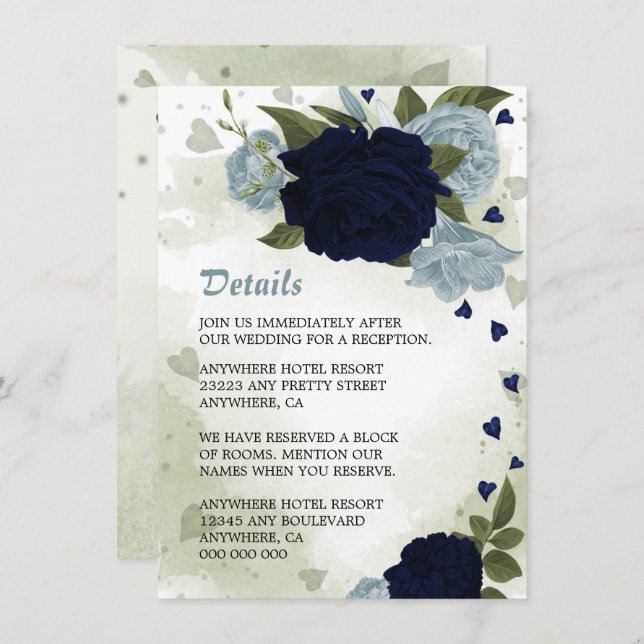 Cartão De Informações romântico azul marinho & flores azuis empoeiradas  (Frente/Verso)
